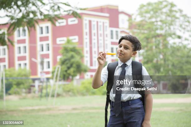 school boy eating ice cream:- stock photo - summer school stock pictures, royalty-free photos & images