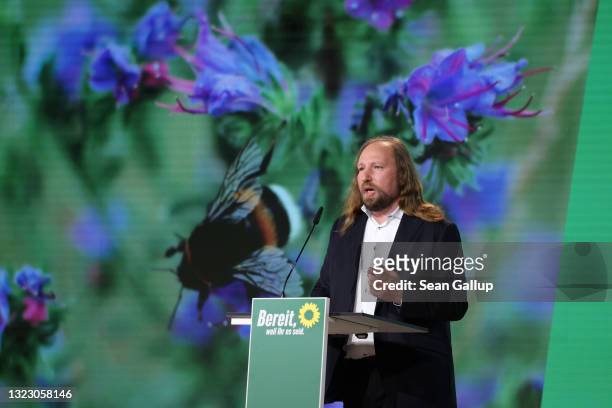 Anton Hofreiter, co-head of the German Greens Party Bundestag faction, speaks at the virtual federal party congress on June 11, 2021 in Berlin,...