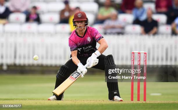 Tom Abell of Somerset plays a scoop shot during the Vitality T20 Blast match between Somerset and Surrey at The Cooper Associates County Ground on...