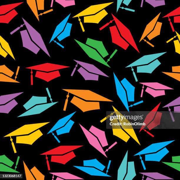 stockillustraties, clipart, cartoons en iconen met kleurrijkegraduationcapsseamlesspattern - mortelplank