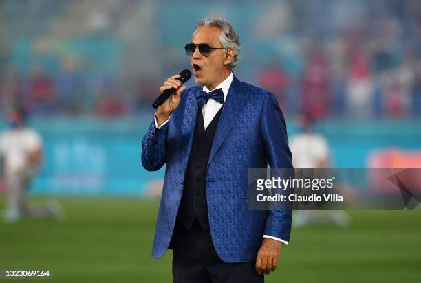 Tenor Andrea Bocelli performs Giacomo Puccini's 'Nessun dorma' ahead of the UEFA Euro 2020 Championship Group A match between Turkey and Italy at the...