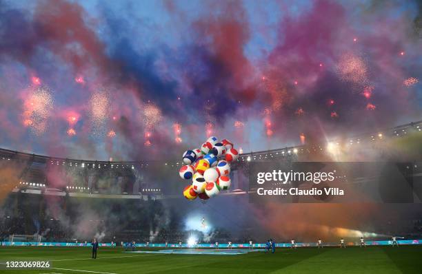 General view of the opening ceremony inside the stadium prior to the UEFA Euro 2020 Championship Group A match between Turkey and Italy at the Stadio...