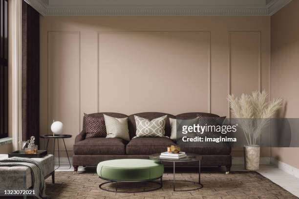 舒適的波希米亞客廳內部 - 咖啡色 個照片及圖片檔