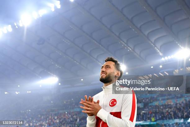 Hakan Calhanoglu of Turkey looks on prior to the UEFA Euro 2020 Championship Group A match between Turkey and Italy at the Stadio Olimpico on June...