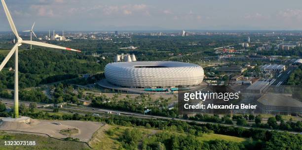 Drone image shows the Allianz Arena soccer stadium showing the UEFA Euro 2020 look to be prepared for the UEFA Euro 2020 Championship matches on June...