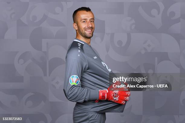 Damjan Siskovski of North Macedonia poses during the official UEFA Euro 2020 media access day at JW Marriot on June 09, 2021 in Bucharest, Romania.