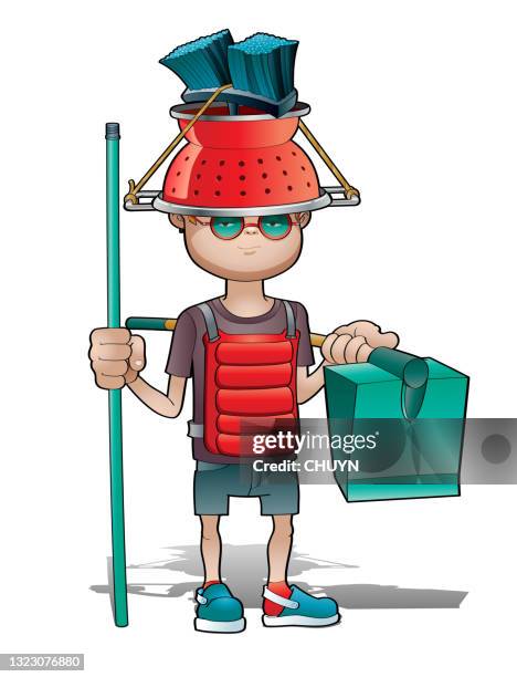 cleaning warrior - kid pilot stock illustrations