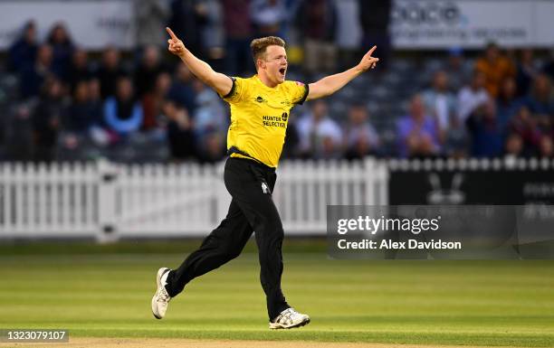 Josh Shaw of Gloucestershire celebrates taking the wicket of David Wiese of Sussex during the Vitality T20 Blast match between Gloucestershire and...