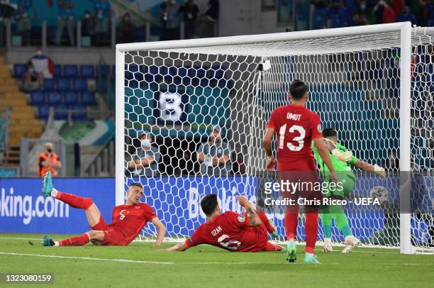Merih Demiral of Turkey looks dejected as he scores an own goal during the UEFA Euro 2020 Championship Group A match between Turkey and Italy at the...