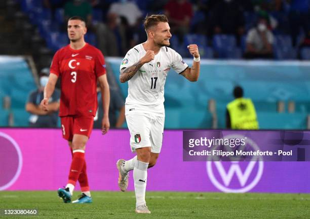 Ciro Immobile of Italy celebrates after scoring their side's second goal during the UEFA Euro 2020 Championship Group A match between Turkey and...