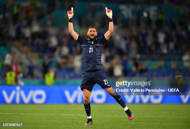 Gianluigi Donnarumma of Italy celebrates their side's second goal scored by team mate Ciro Immobile during the UEFA Euro 2020 Championship Group A...