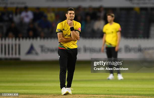 Benny Howell of Gloucestershire reacts during the Vitality T20 Blast match between Gloucestershire and Sussex Sharks at Bristol County Ground on June...