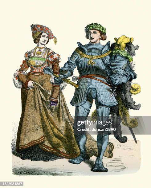 deutscher prinz, ritter in rüstung halten maze, prinzessin im kleid, mittelalterliche mode, anfang des 16. jahrhunderts - ritter keule stock-grafiken, -clipart, -cartoons und -symbole