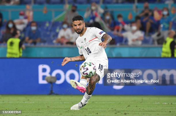 Lorenzo Insigne of Italy scores their side's third goal during the UEFA Euro 2020 Championship Group A match between Turkey and Italy at the Stadio...