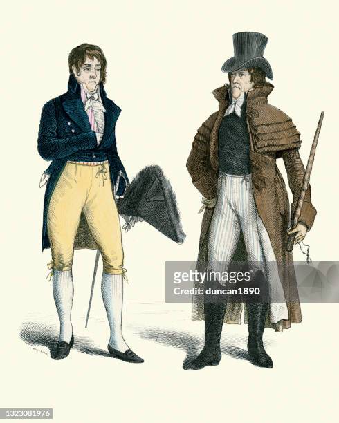 men's fashions of the early 19th century, tail coat, breeches, carrick overcoat - tail coat stock illustrations