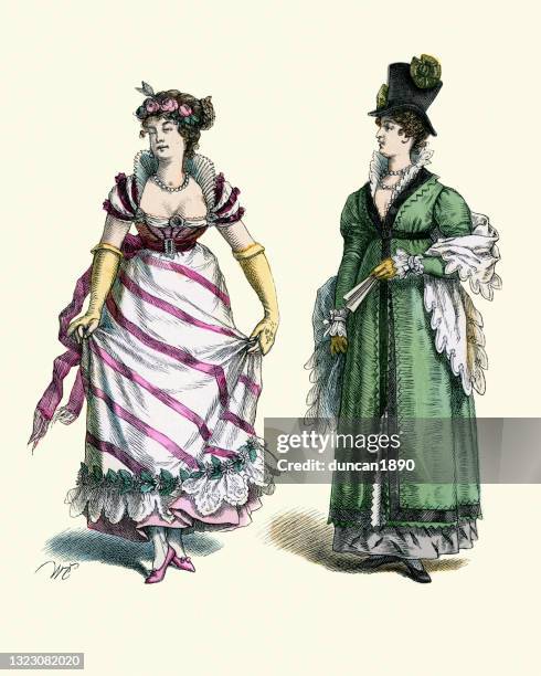 ilustrações de stock, clip art, desenhos animados e ícones de women's fashions of the early 19th century, ball gown, top hat, green overcoat - luva formal