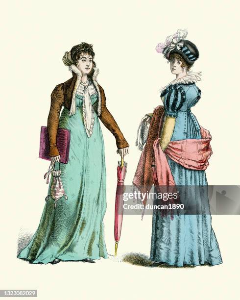 ilustrações, clipart, desenhos animados e ícones de modas femininas do início do século xix, vestido de cintura alta, xale, jaqueta curta - roupa de época