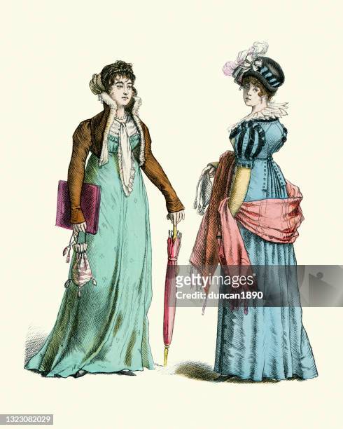 women's fashions of the early 19th century, high waisted dress, shawl, short jacket - period costume stock illustrations