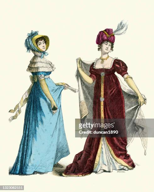 ilustraciones, imágenes clip art, dibujos animados e iconos de stock de modas de las mujeres de principios del siglo 19, vestido azul, túnicas rojas, chal, capó, turbante - victorian gown