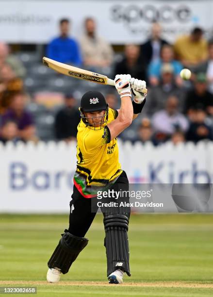Glenn Phillips of Gloucestershire hits runs during the Vitality T20 Blast match between Gloucestershire and Sussex Sharks at Bristol County Ground on...