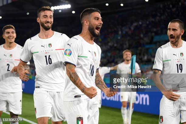 Lorenzo Insigne of Italy celebrates after scoring their side's third goal during the UEFA Euro 2020 Championship Group A match between Turkey and...