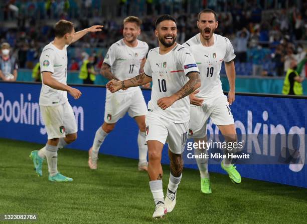 Lorenzo Insigne of Italy celebrates after scoring their side's third goal during the UEFA Euro 2020 Championship Group A match between Turkey and...