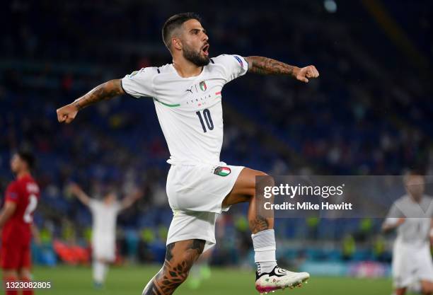 Lorenzo Insigne of Italy celebrates after scoring their side's third goal during the UEFA Euro 2020 Championship Group A match between Turkey and...