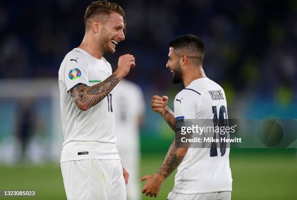 Lorenzo Insigne of Italy celebrates with Ciro Immobile after scoring their side's third goal during the UEFA Euro 2020 Championship Group A match...