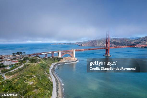 aerial view of the shoreline below golden gate bridge - the presidio stock pictures, royalty-free photos & images