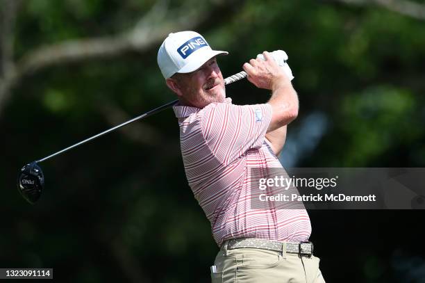 Jeff Maggert hits his tee shot on the second hole during the first round of the American Family Insurance Championship at University Ridge Golf...