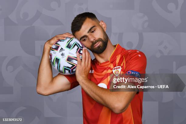 Egzon Bejtulai of North Macedonia poses during the official UEFA Euro 2020 media access day at JW Marriot on June 09, 2021 in Bucharest, Romania.