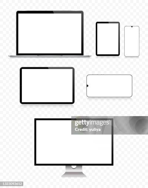 pc monitor, tv, laptop, tablet, smartphone, mobile phone in black and silver color with reflection and transparent background, realistic vector illustration - horizont stock illustrations