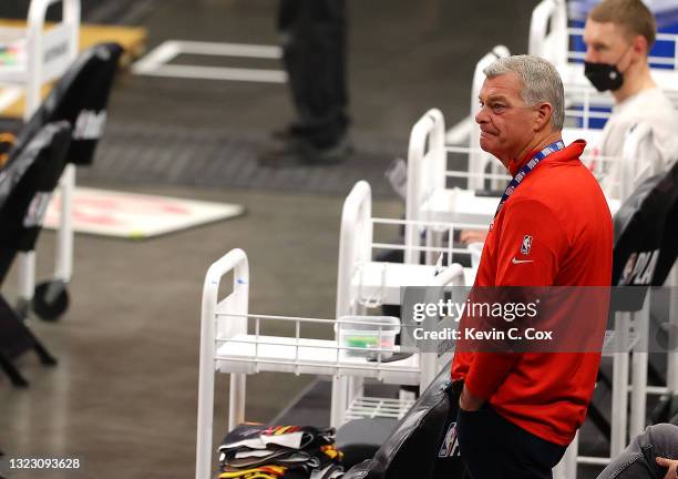 Antony Ressler, principal owner of the Atlanta Hawks, looks on behind the bench prior to game 3 of the Eastern Conference Semifinals between the...