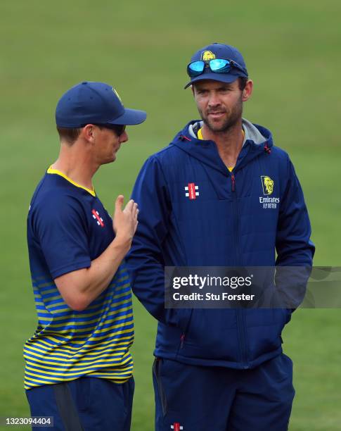 Durham coach James Franklin pictured with Will Gidman during the Vitality T20 Blast match between Durham Cricket and Yorkshire Vikings at Emirates...