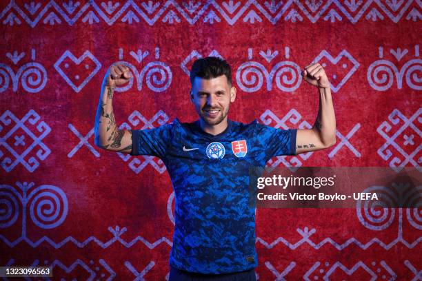 Michal Duris of Slovakia poses during the official UEFA Euro 2020 media access day on June 10, 2021 in Saint Petersburg, Russia.