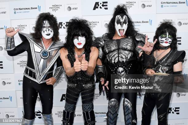 Tommy Thayer, Paul Stanley, Gene Simmons, and Eric Singer of KISS attend the Tribeca Festival screening of "Biography: KISStory" at Battery Park on...