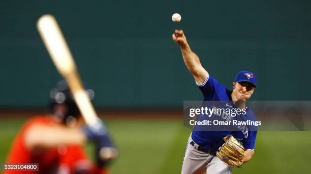 Starting pitcher Ross Stripling of the Toronto Blue Jays pitches in the bottom of the second inning of the game against the Boston Red Sox at Fenway...