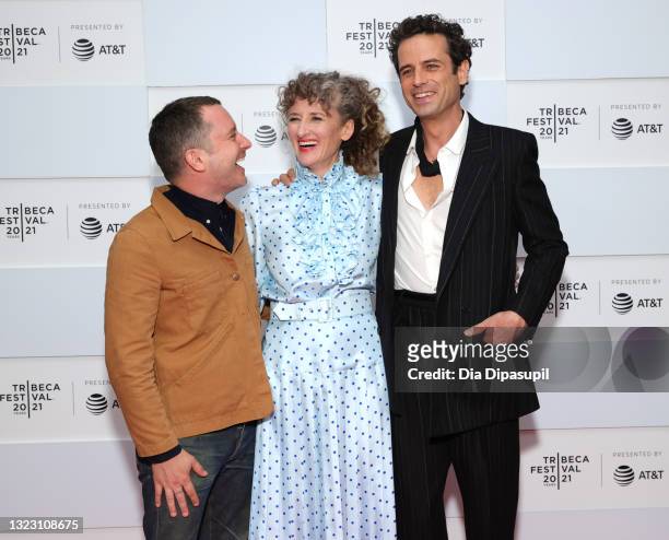 Elijah Wood, Amber Sealey, and Luke Kirby attend 2021 Tribeca Festival Premiere of "No Man Of God" at Pier 76 on June 11, 2021 in New York City.