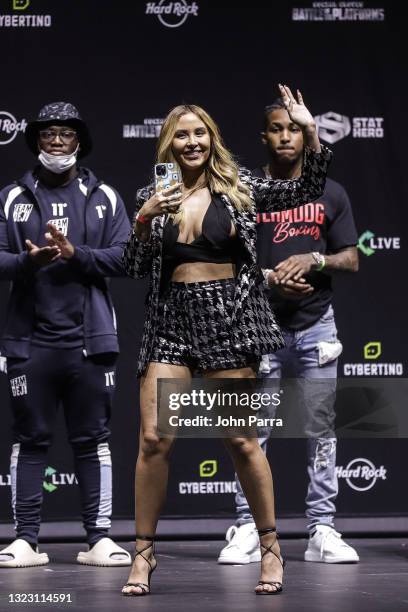 Catherine Paiz arrives at the LiveXLive's Social Gloves: Battle Of The Platforms Pre-Fight Weigh-In at Seminole Hard Rock Hotel & Casino on June 11,...