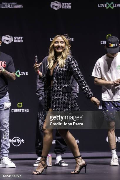 Catherine Paiz arrives at the LiveXLive's Social Gloves: Battle Of The Platforms Pre-Fight Weigh-In at Seminole Hard Rock Hotel & Casino on June 11,...