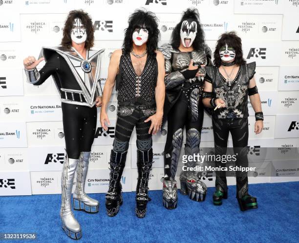 Tommy Thayer, Paul Stanley, Gene Simmons, and Eric Singer of KISS attend the 2021 Tribeca Festival screening of "Biography: KISStory" at The Battery...