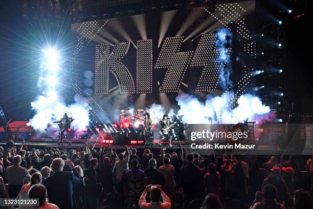 Gene Simmons, Eric Singer, Paul Stanley, and Tommy Thayer of KISS perform onstage during the Tribeca Festival screening of "Biography: KISStory" at...