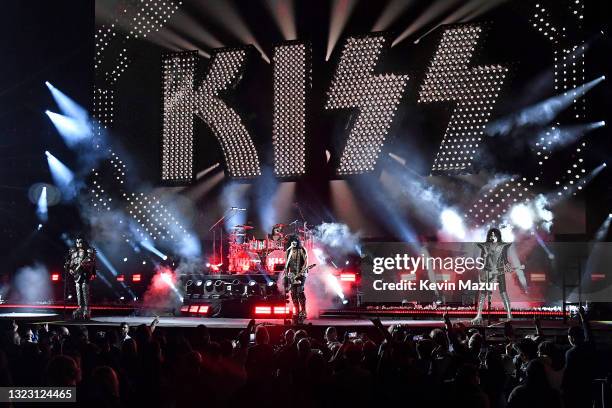 Gene Simmons, Eric Singer, Paul Stanley, and Tommy Thayer of KISS perform onstage during the Tribeca Festival screening of "Biography: KISStory" at...