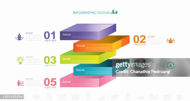 ilustraciones, imágenes clip art, dibujos animados e iconos de stock de plantilla de diseño infográfico. concepto creativo con 5 pasos ilustración de stock escalera, resumen, folleto, negocios, estrategia de negocios, conjunto de iconos - 5 step process cycle