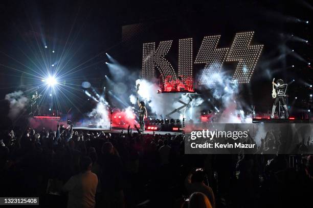 Gene Simmons, Eric Singer, Paul Stanley, and Tommy Thayer of KISS perform onstage during the Tribeca Festival screening of "Biography: KISStory" at...