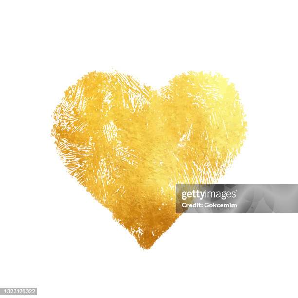 golden heart isolated on white. gold valentine's day concept. metallic golden texture design element for greeting cards and labels, abstract background. abstract background with golden glittering brush stroke. - glowing heart stock illustrations