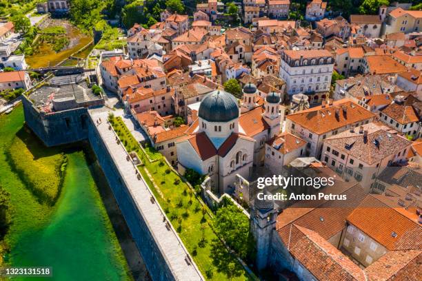 aerial view of the old town in kotor, montenegro - montenegro stock-fotos und bilder