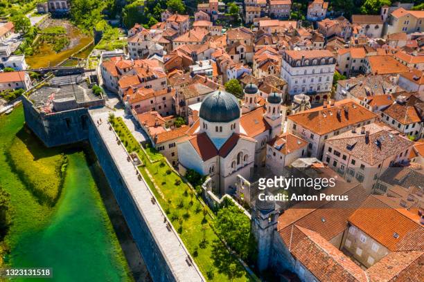 aerial view of the old town in kotor, montenegro - montenegrin stock pictures, royalty-free photos & images