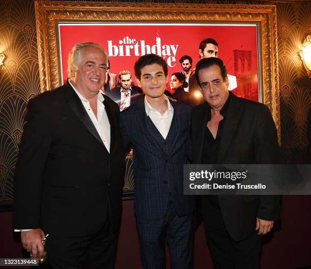 Actor Nick Vallelonga, actor David Mazouz and actor Frank Vallelonga attend the world premiere of feature film "The Birthday Cake" at The Mob Museum...