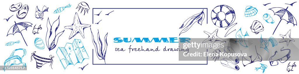 Summer set of nautical drawings by hand on abstract grunge background. Creative flyer or poster.
